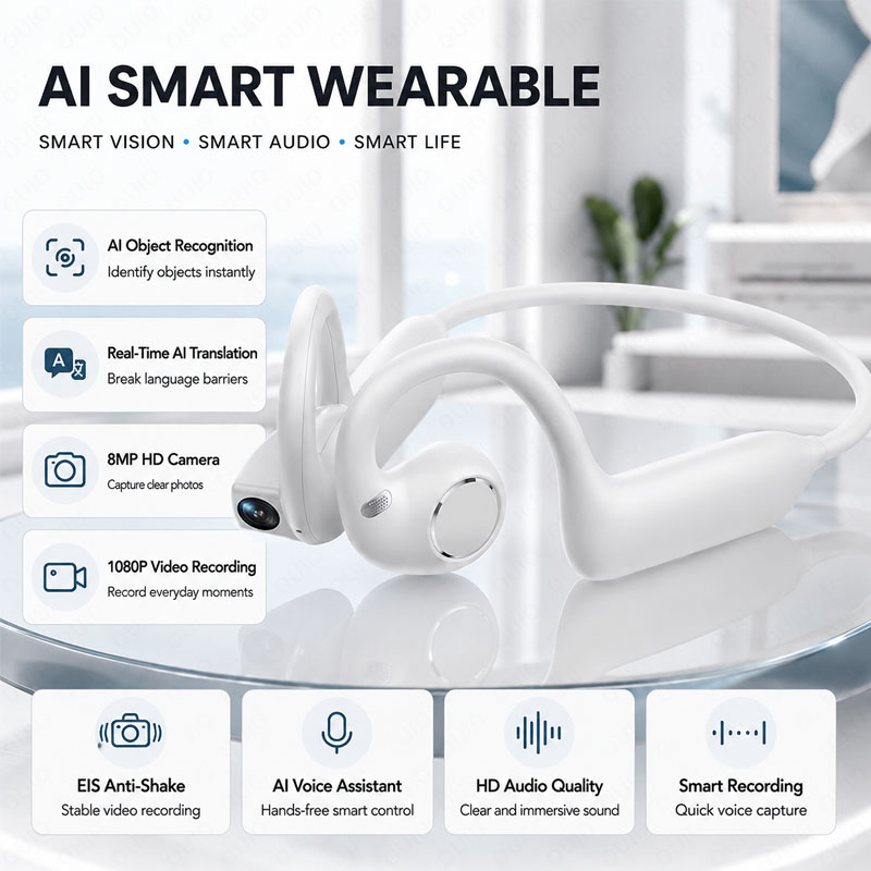 Earphones - ワイヤレススポーツBT 5.4ヘッドホン、800Wカメラ、1080Pビデオ録画、WiFi伝送、音楽再生、快適な装着感