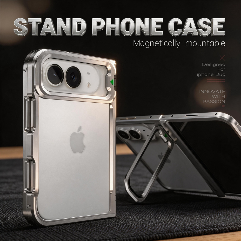 Metal Bumper Aluminum Frame Case - スタイリッシュなデザインの折りたたみ式メタルフレーム。iPhone 18 Duo用。航空機用アルミニウム製スタンド付きの保護ケース。